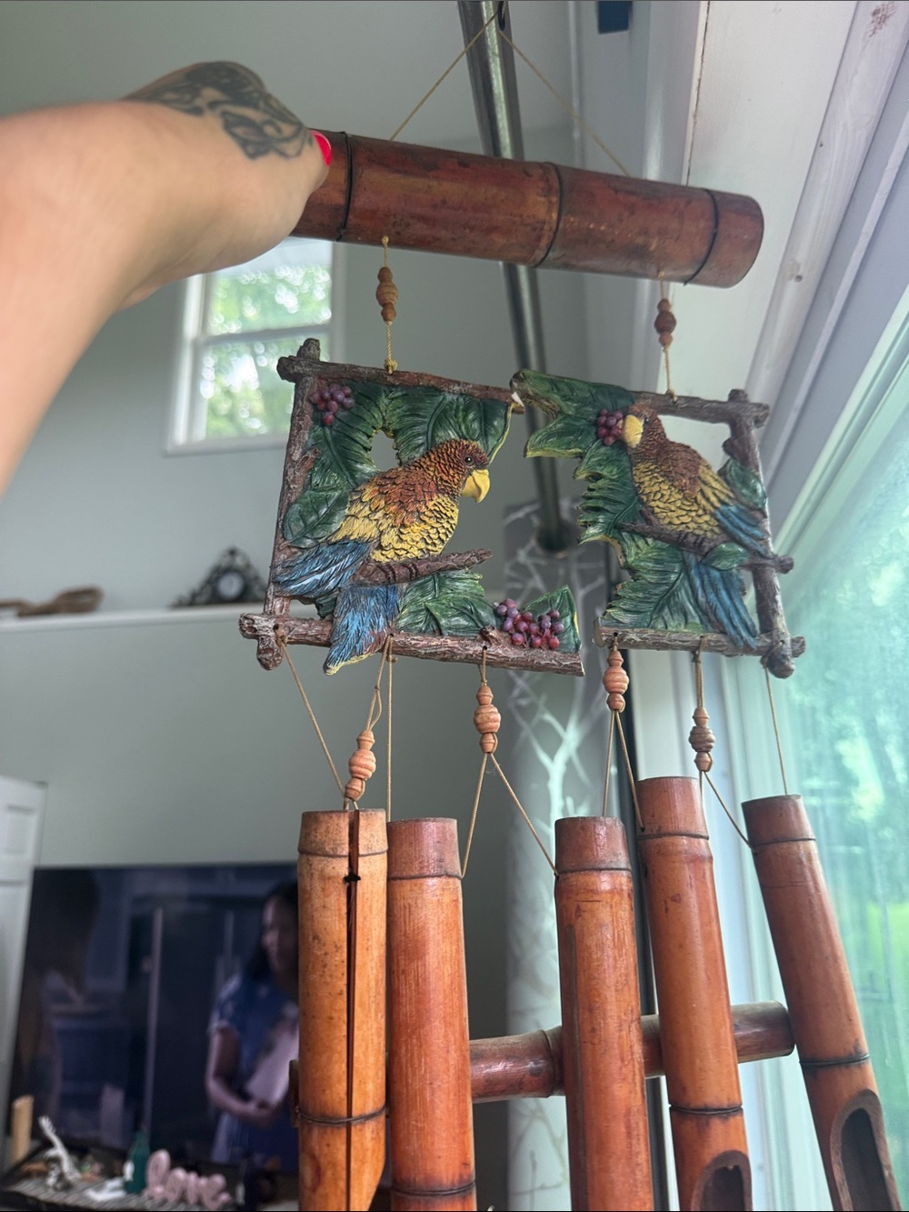 Wooden Bamboo Wind Chime with 2 Parrots Medallions